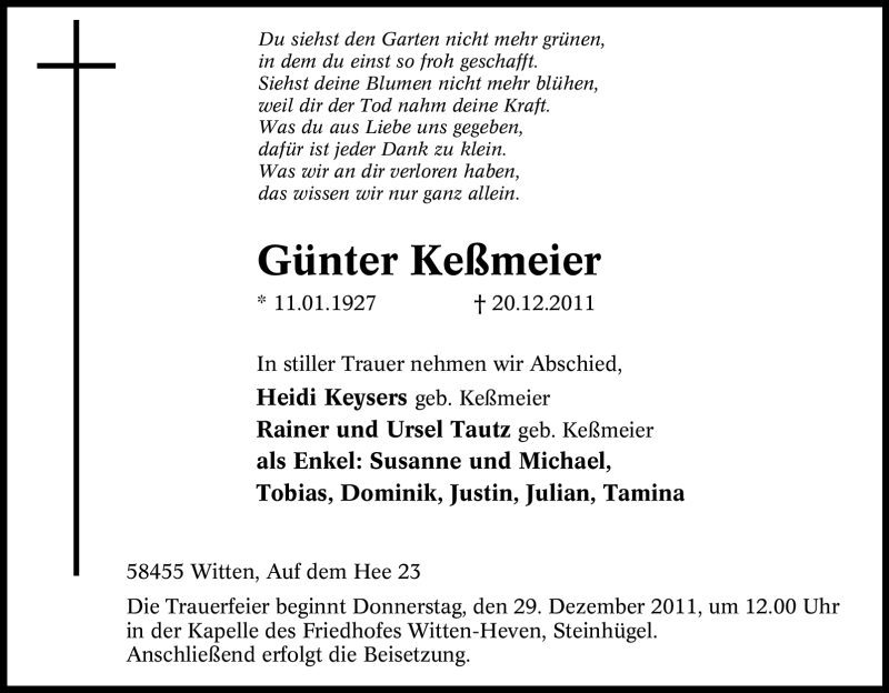  Traueranzeige für Günter Keßmeier vom 27.12.2011 aus Tageszeitung