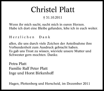 Traueranzeige von Christel Platt von Tageszeitung