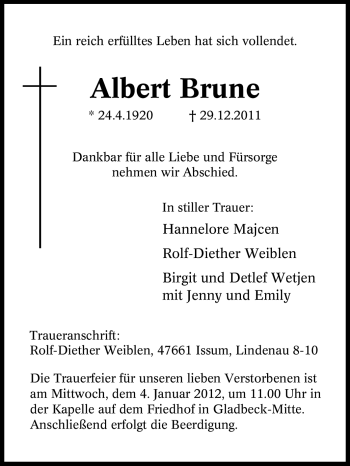 Traueranzeige von Albert Brune von Tageszeitung