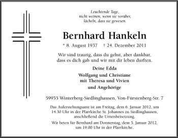 Traueranzeige von Bernhard Hankeln von Tageszeitung