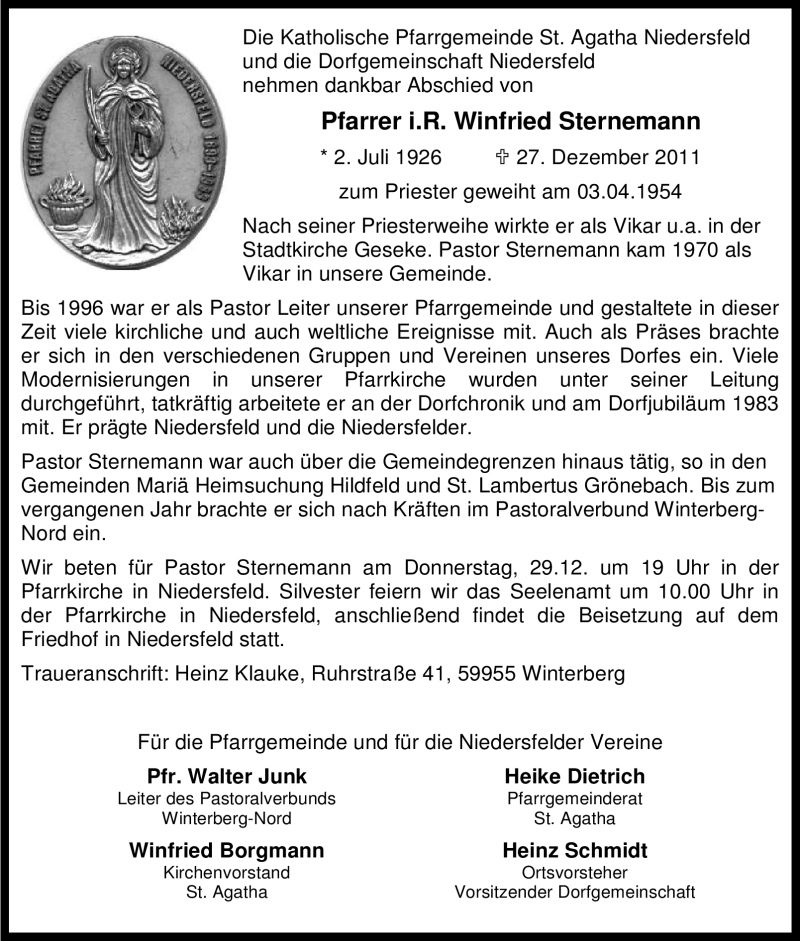  Traueranzeige für Winfried Sternemann vom 29.12.2011 aus Tageszeitung