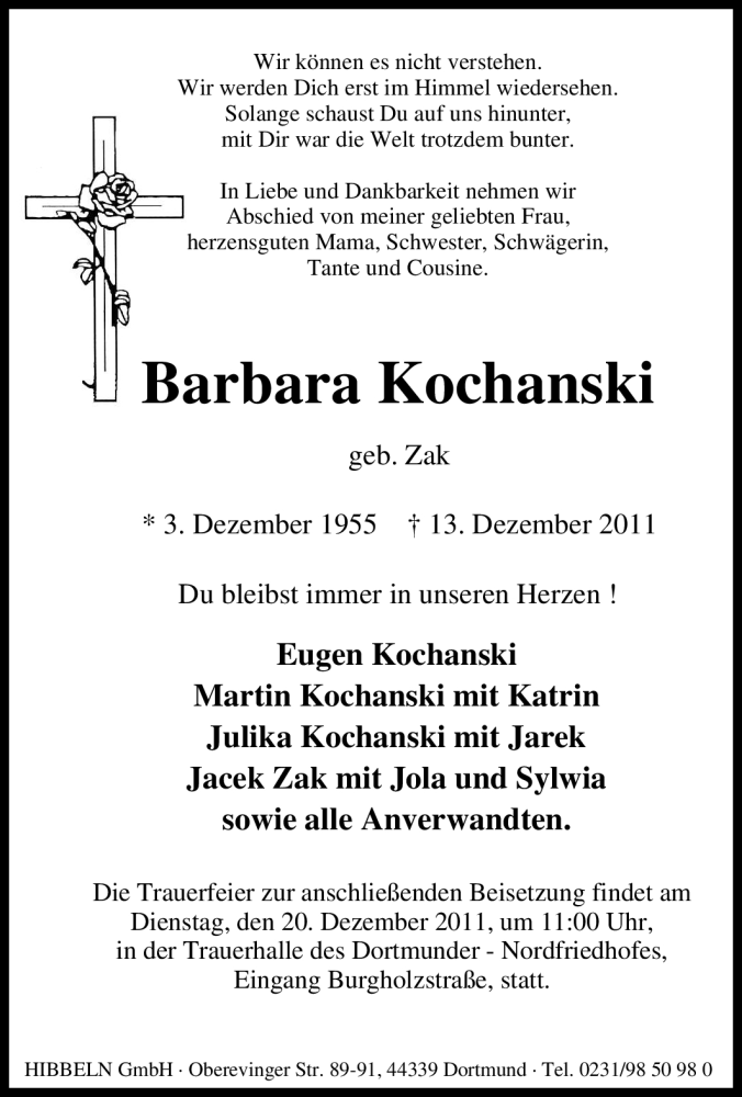  Traueranzeige für Barbara Kochanski vom 16.12.2011 aus Tageszeitung