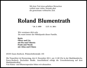 Traueranzeige von Roland Blumentrath von Tageszeitung