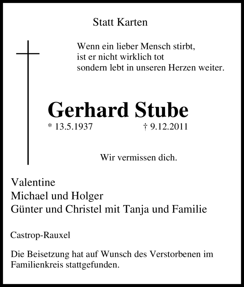  Traueranzeige für Gerhard Stube vom 21.12.2011 aus Tageszeitung