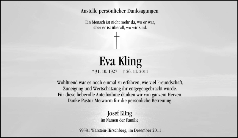  Traueranzeige für Eva Kling vom 17.12.2011 aus Tageszeitung