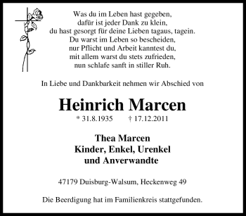 Traueranzeige von Heinrich Marcen von Tageszeitung