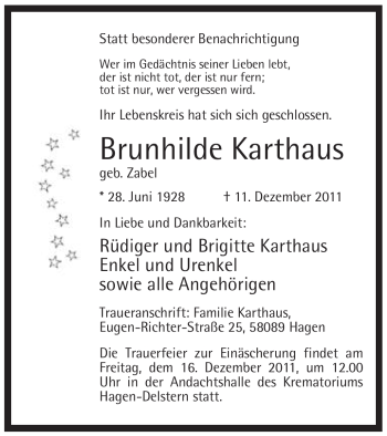 Traueranzeige von Brunhilde Karthaus von Tageszeitung