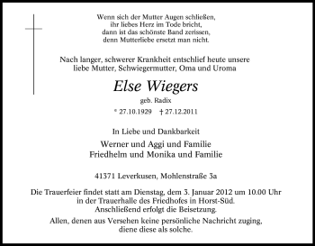 Traueranzeige von Else Wiegers von Tageszeitung