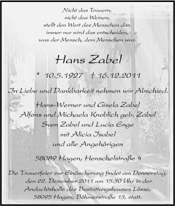 Traueranzeige von Hans Zabel von Tageszeitung
