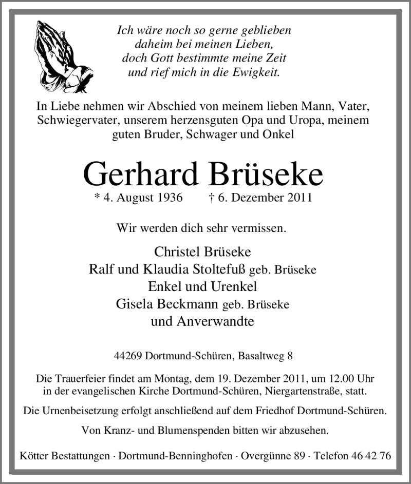  Traueranzeige für Gerhard Brüseke vom 14.12.2011 aus Tageszeitung