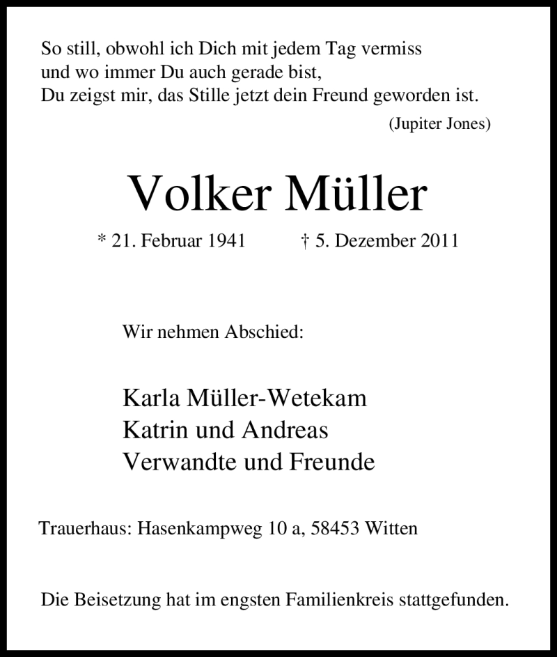  Traueranzeige für Volker Müller vom 17.12.2011 aus Tageszeitung