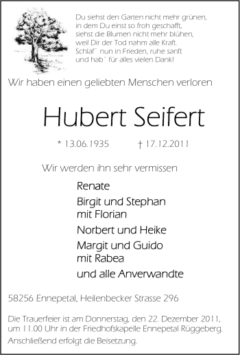 Traueranzeige von Hubert Seifert von Tageszeitung