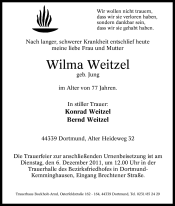 Traueranzeige von Wilma Weitzel von Tageszeitung