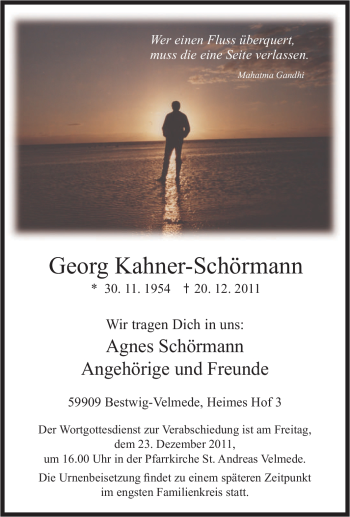 Traueranzeige von Georg Kahner-Schörmann von Tageszeitung