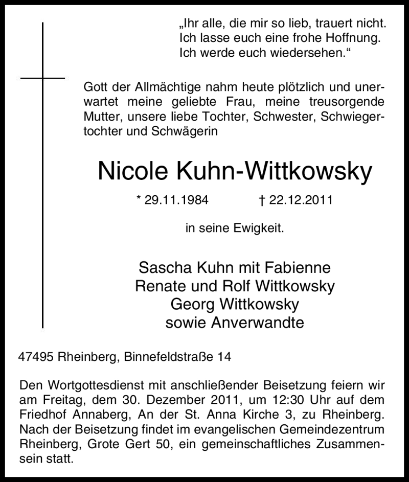  Traueranzeige für Nicole Kuhn-Wittkowsky vom 28.12.2011 aus Tageszeitung