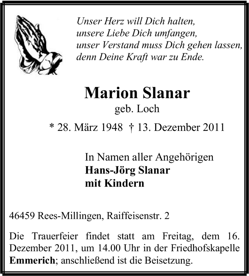  Traueranzeige für Marion Slanar vom 15.12.2011 aus Tageszeitung