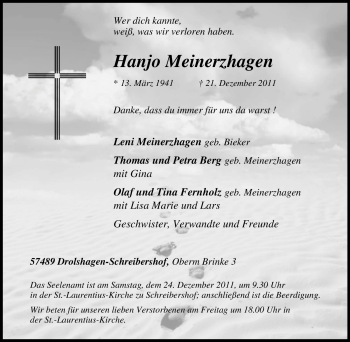 Traueranzeige von Hanjo Meinerzhagen von Tageszeitung