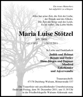 Traueranzeige von Maria Luise Stötzel von Tageszeitung