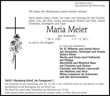 Traueranzeige von Maria Meier von Tageszeitung