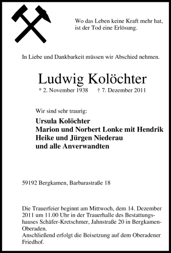 Traueranzeige von Ludwig Kolöchter von Tageszeitung