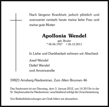 Traueranzeige von Apollonia Wendel von Tageszeitung