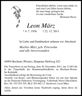 Traueranzeige von Leon März von Tageszeitung