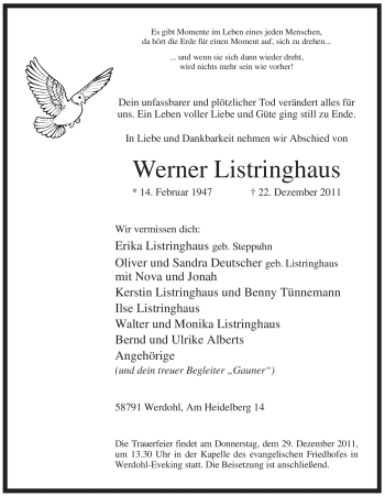 Traueranzeige von Werner Listringhaus von Tageszeitung