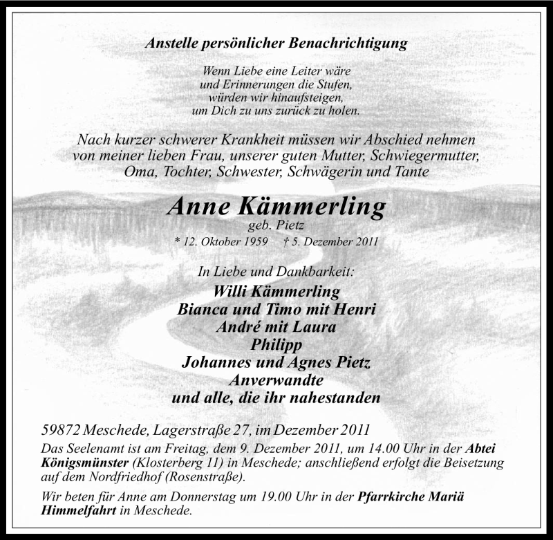  Traueranzeige für Anne Kämmerling vom 07.12.2011 aus Tageszeitung