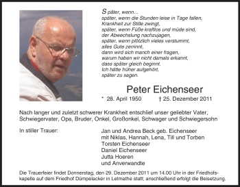 Traueranzeige von Peter Eichenseer von Tageszeitung