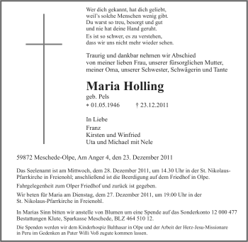 Traueranzeige von Maria Holling von Tageszeitung
