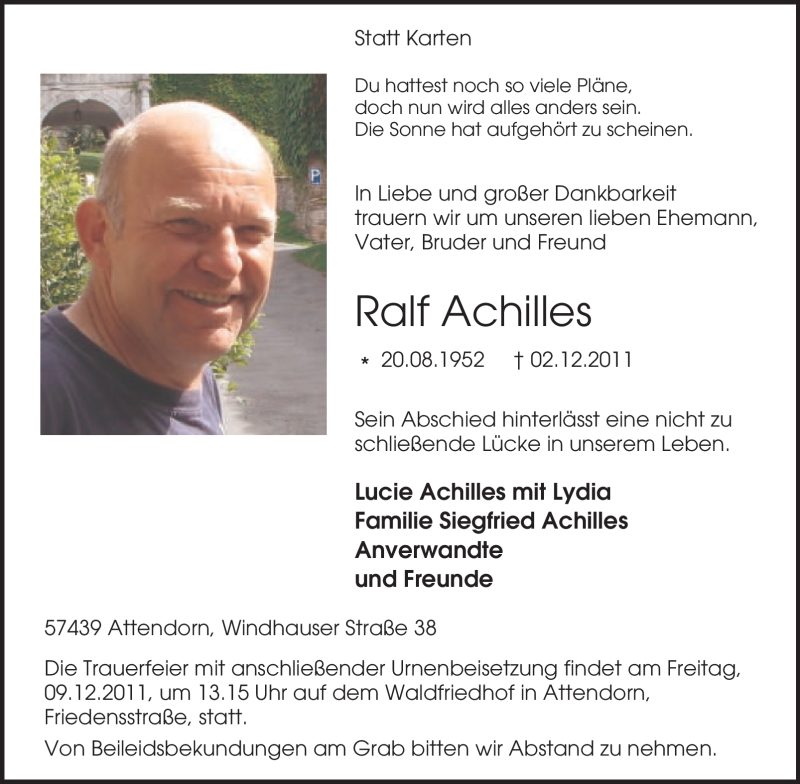  Traueranzeige für Ralf Achilles vom 07.12.2011 aus Tageszeitung