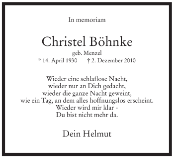 Traueranzeige von Christel Böhnke von Tageszeitung
