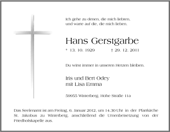 Traueranzeige von Hans Gerstgarbe von Tageszeitung