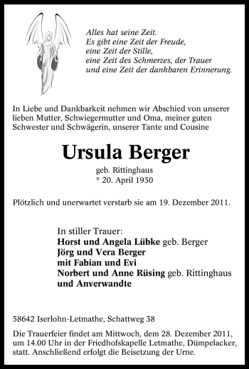 Traueranzeige von Ursula Berger von Tageszeitung