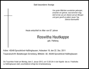Traueranzeige von Roswitha Hautkappe von Tageszeitung
