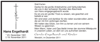 Traueranzeige von Hans Engelhardt von Tageszeitung
