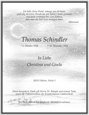 Traueranzeige von Thomas Schindler von Tageszeitung