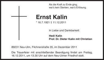 Traueranzeige von Ernst Kalin von Tageszeitung