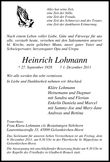 Traueranzeige von Heinrich Lohmann von Tageszeitung