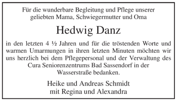 Traueranzeige von Hedwig Danz von Tageszeitung