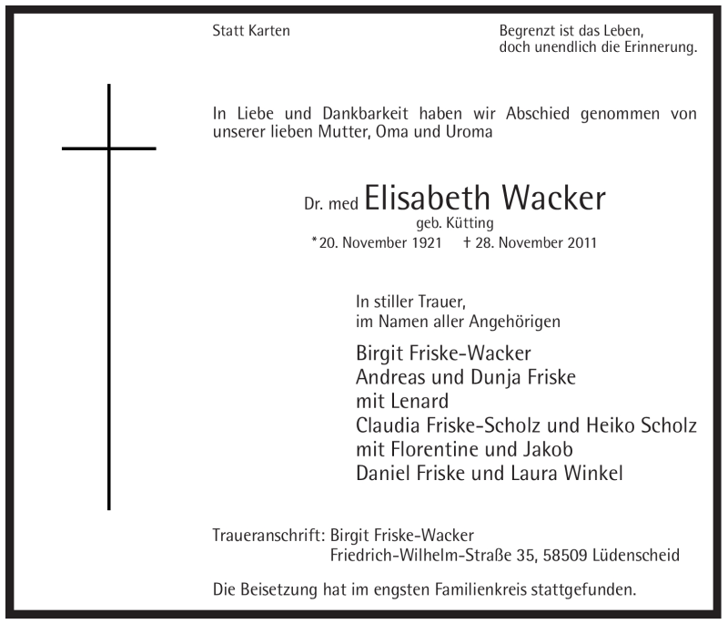 Traueranzeigen Von Elisabeth Wacker | Trauer-in-NRW.de