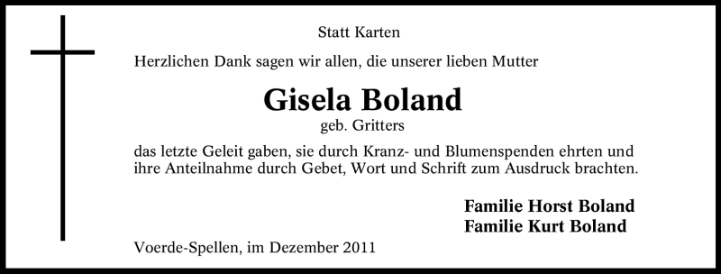  Traueranzeige für Gisela Boland vom 29.12.2011 aus Tageszeitung