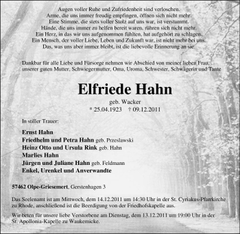 Traueranzeige von Elfriede Hahn von Tageszeitung