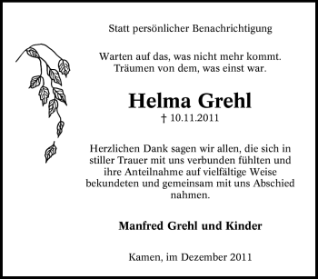 Traueranzeige von Helma Grehl von Tageszeitung