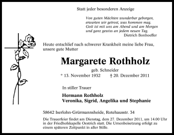 Traueranzeige von Margarete Rothholz von Tageszeitung