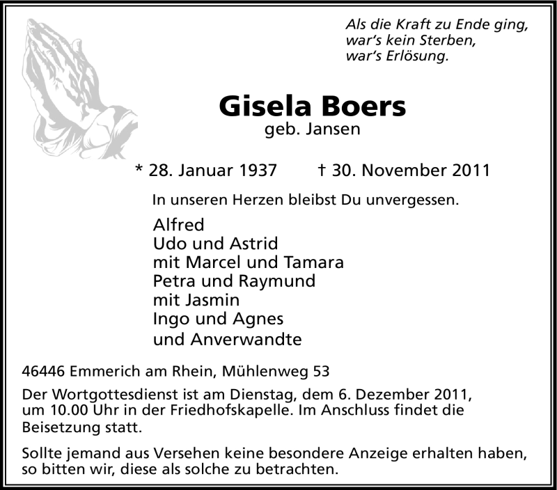  Traueranzeige für Gisela Boers vom 03.12.2011 aus Tageszeitung