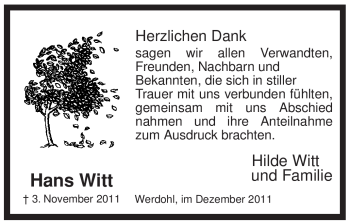 Traueranzeige von Hans Witt von Tageszeitung