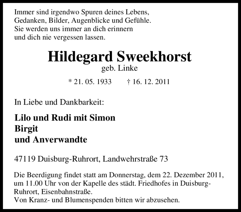  Traueranzeige für Hildegard Sweekhorst vom 20.12.2011 aus Tageszeitung
