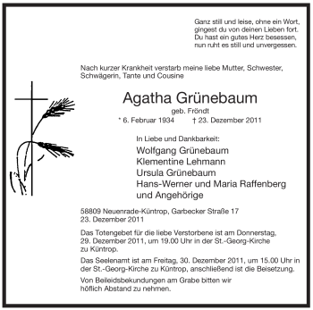 Traueranzeige von Agatha Grünebaum von Tageszeitung
