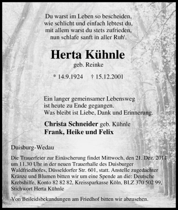 Traueranzeige von Herta Kühnle von Tageszeitung